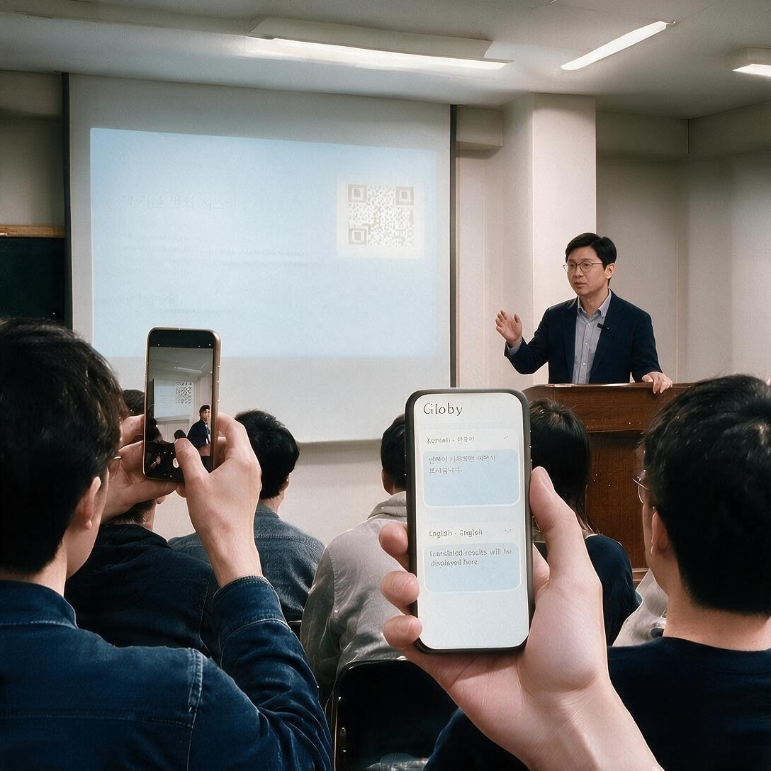 개인 스마트폰으로 GLOBY 실시간 번역을 확인하는 장면